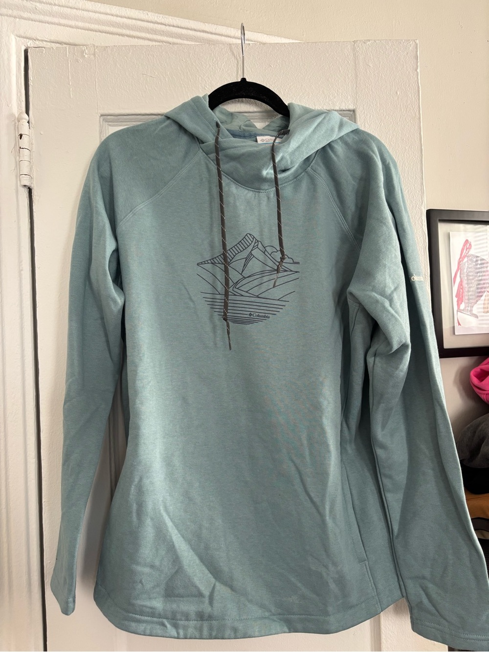Columbia Women's Light Teal Hooded Cowl-Neck Sweater with Mountain Graphic